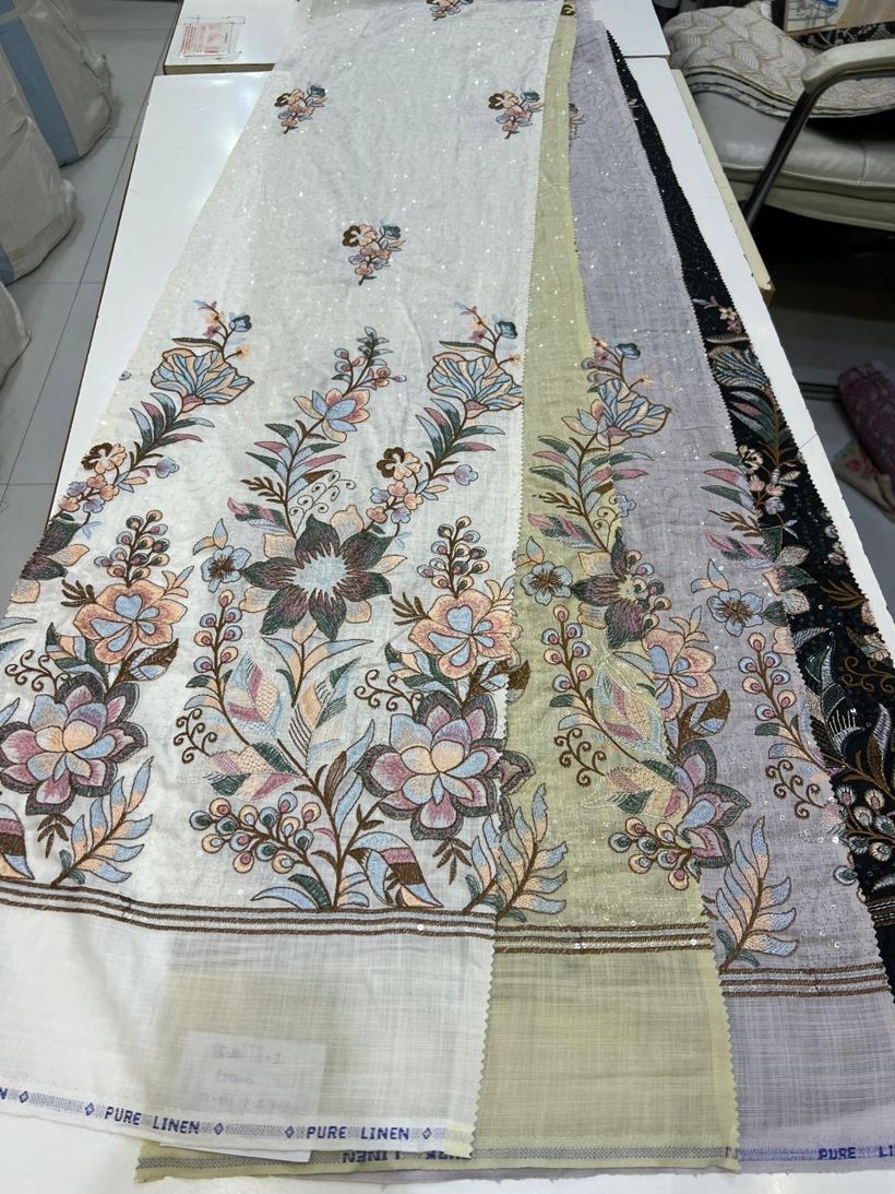 Pure linen floral border embroidery panel
