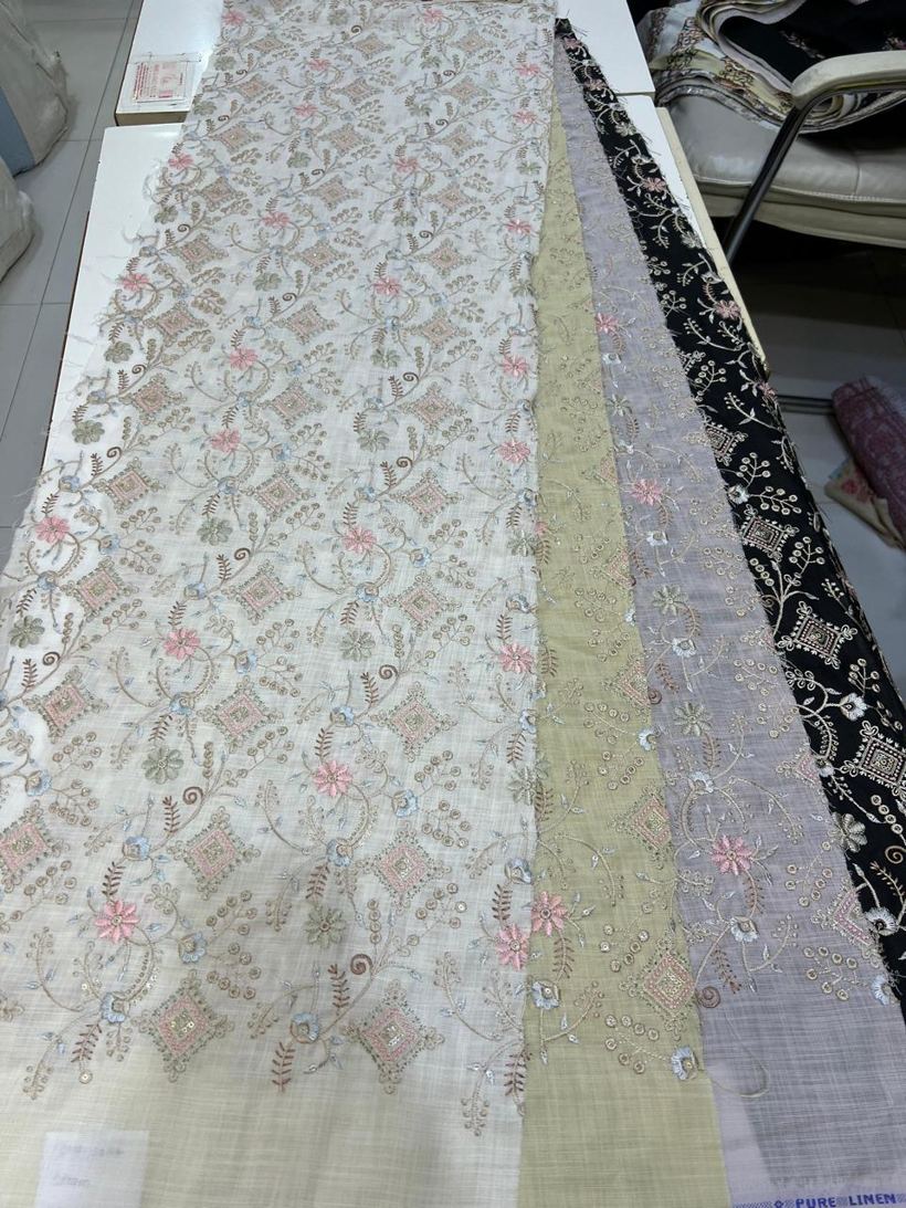Pure linen floral border embroidery panel, RNK Fashion showroom stock
