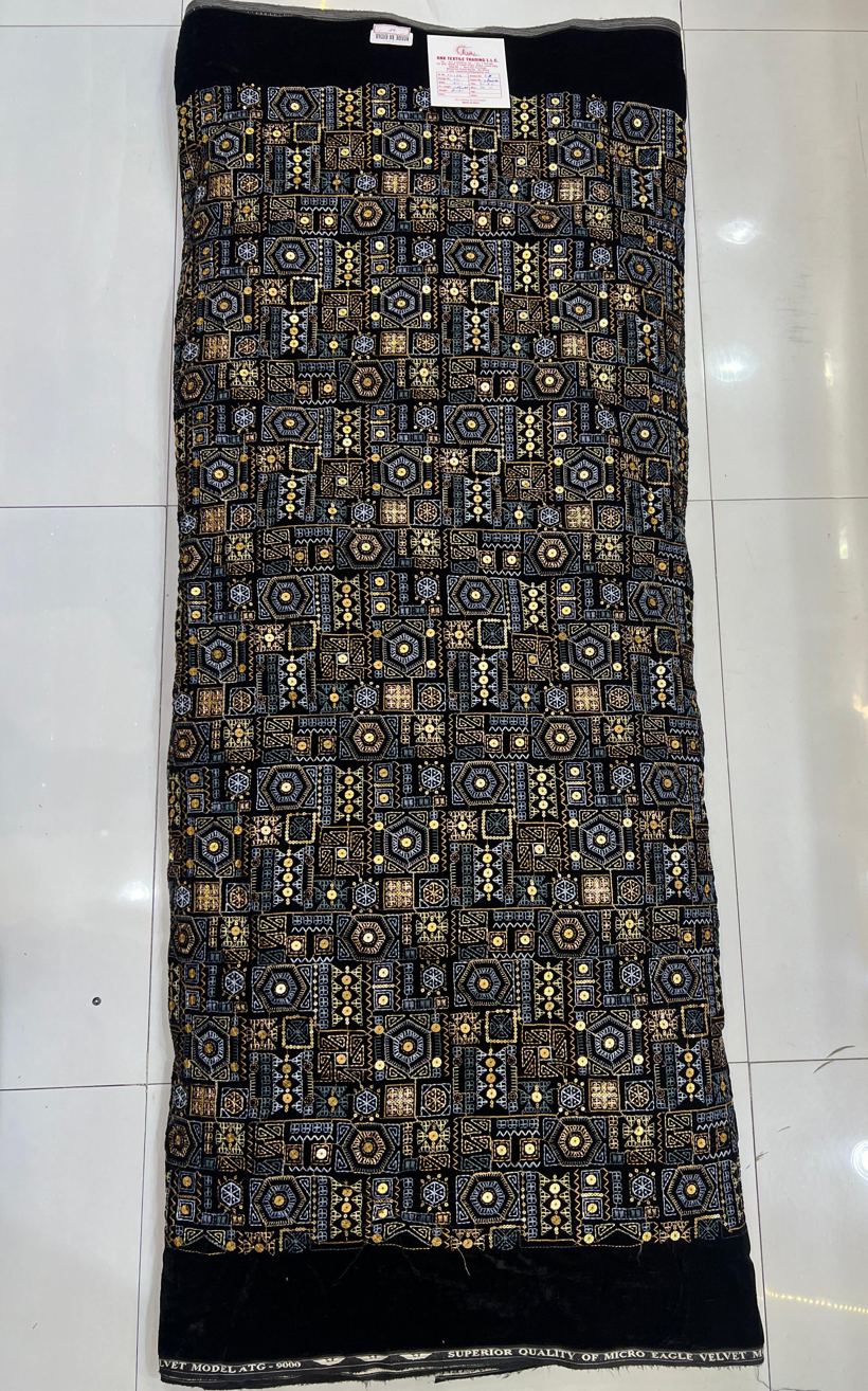 Black velvet gold geometric hand embroidery fabric